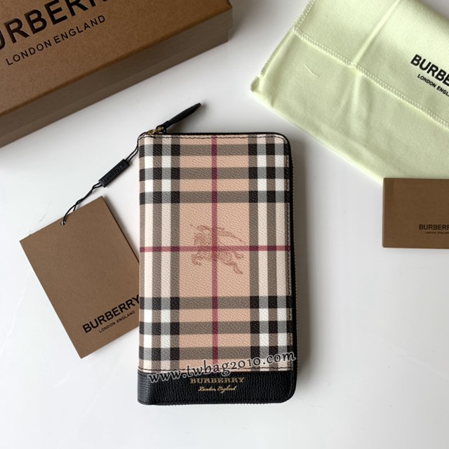 Burberry專門店新款男士拉鏈長夾錢包 巴寶莉Haymarket格紋拼皮革大號拉鏈錢夾 yxb1019